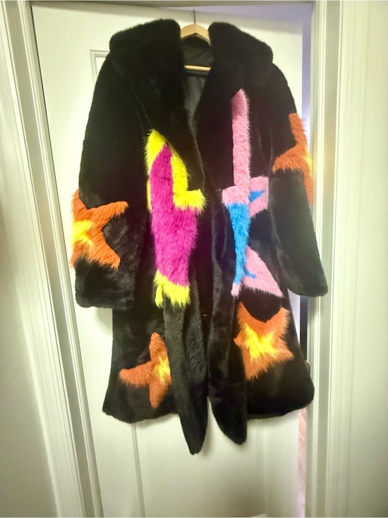 Jackets & Blazers - Black Faux Fur Coat with Neon Star & Stripe Patches.
